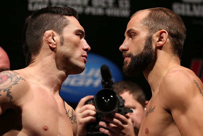 RIO DE JANEIRO, BRAZIL - OCTOBER 12:  (L-R) Opponents Rony "Jason" Mariano Bezerra and Sam Sicilia face off during the UFC 153 weigh in at HSBC Arena on October 12, 2012 in Rio de Janeiro, Brazil.  (Photo by Josh Hedges/Zuffa LLC/Zuffa LLC via Getty Images)