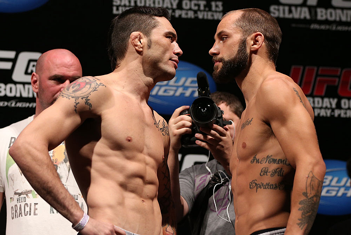 RIO DE JANEIRO, BRAZIL - OCTOBER 12:  (L-R) Opponents Rony "Jason" Mariano Bezerra and Sam Sicilia face off during the UFC 153 weigh in at HSBC Arena on October 12, 2012 in Rio de Janeiro, Brazil.  (Photo by Josh Hedges/Zuffa LLC/Zuffa LLC via Getty Images)