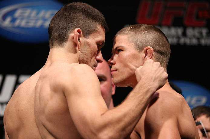 RIO DE JANEIRO, BRAZIL - OCTOBER 12:  (L-R) Opponents Demian Maia and Rick Story face off during the UFC 153 weigh in at HSBC Arena on October 12, 2012 in Rio de Janeiro, Brazil.  (Photo by Josh Hedges/Zuffa LLC/Zuffa LLC via Getty Images)