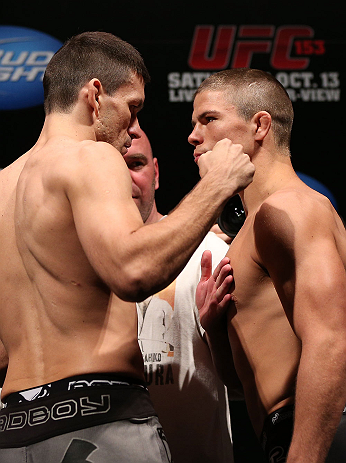 RIO DE JANEIRO, BRAZIL - OCTOBER 12:  (L-R) Opponents Demian Maia and Rick Story face off during the UFC 153 weigh in at HSBC Arena on October 12, 2012 in Rio de Janeiro, Brazil.  (Photo by Josh Hedges/Zuffa LLC/Zuffa LLC via Getty Images)