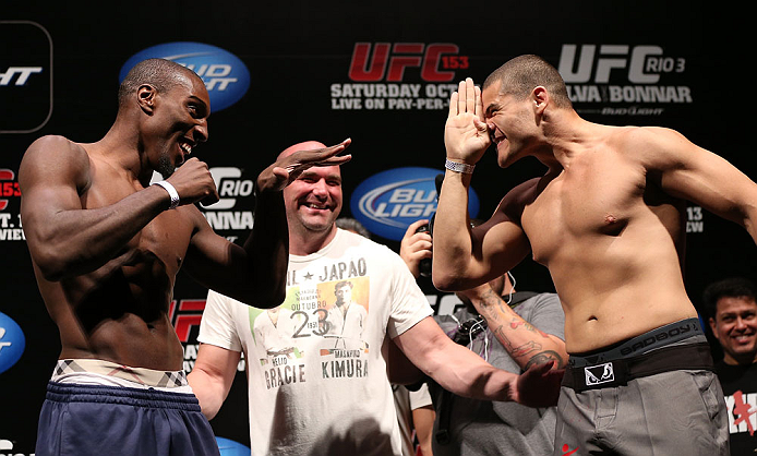 RIO DE JANEIRO, BRAZIL - OCTOBER 12:  (L-R) Opponents Phil Davis and Wagner Prado face off during the UFC 153 weigh in at HSBC Arena on October 12, 2012 in Rio de Janeiro, Brazil.  (Photo by Josh Hedges/Zuffa LLC/Zuffa LLC via Getty Images)