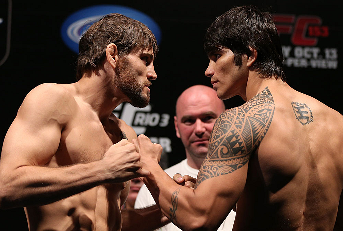 RIO DE JANEIRO, BRAZIL - OCTOBER 12:  (L-R) Opponents Jon Fitch and Erick Silva face off during the UFC 153 weigh in at HSBC Arena on October 12, 2012 in Rio de Janeiro, Brazil.  (Photo by Josh Hedges/Zuffa LLC/Zuffa LLC via Getty Images)