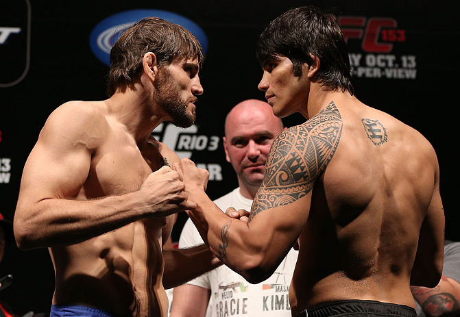RIO DE JANEIRO, BRAZIL - OCTOBER 12:  (L-R) Opponents Jon Fitch and Erick Silva face off during the UFC 153 weigh in at HSBC Arena on October 12, 2012 in Rio de Janeiro, Brazil.  (Photo by Josh Hedges/Zuffa LLC/Zuffa LLC via Getty Images)
