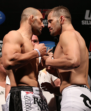 RIO DE JANEIRO, BRAZIL - OCTOBER 12:  (L-R) Opponents Glover Teixeira and Fabio Maldonado face off during the UFC 153 weigh in at HSBC Arena on October 12, 2012 in Rio de Janeiro, Brazil.  (Photo by Josh Hedges/Zuffa LLC/Zuffa LLC via Getty Images)