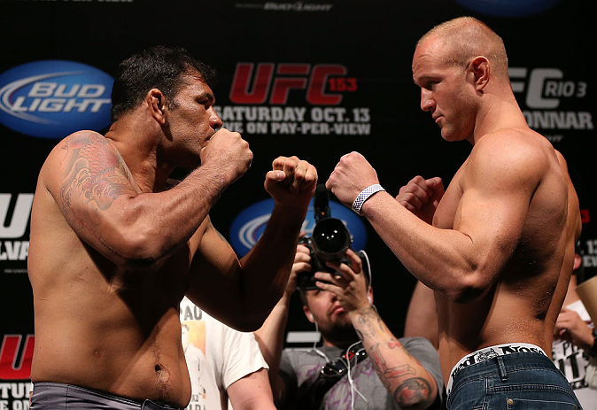 RIO DE JANEIRO, BRAZIL - OCTOBER 12:  (L-R) Opponents Antonio Rodrigo "Minotauro" Nogueira and Dave Herman face off during the UFC 153 weigh in at HSBC Arena on October 12, 2012 in Rio de Janeiro, Brazil.  (Photo by Josh Hedges/Zuffa LLC/Zuffa LLC via Getty Images)