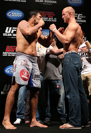 RIO DE JANEIRO, BRAZIL - OCTOBER 12:  (L-R) Opponents Antonio Rodrigo "Minotauro" Nogueira and Dave Herman face off during the UFC 153 weigh in at HSBC Arena on October 12, 2012 in Rio de Janeiro, Brazil.  (Photo by Josh Hedges/Zuffa LLC/Zuffa LLC via Getty Images)