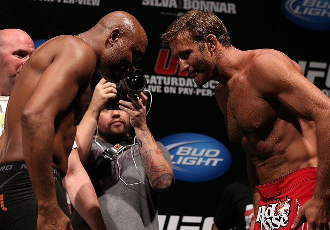 RIO DE JANEIRO, BRAZIL - OCTOBER 12:  (L-R) Opponents Anderson Silva and Stephan Bonnar bow to one another during the UFC 153 weigh in at HSBC Arena on October 12, 2012 in Rio de Janeiro, Brazil.  (Photo by Josh Hedges/Zuffa LLC/Zuffa LLC via Getty Images)