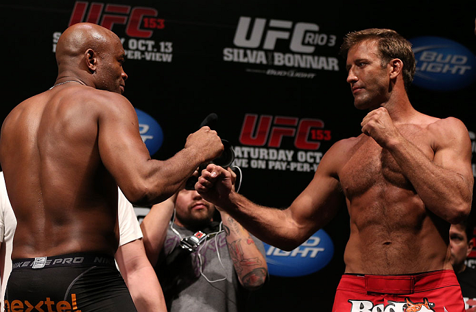 RIO DE JANEIRO, BRAZIL - OCTOBER 12:  (L-R) Opponents Anderson Silva and Stephan Bonnar face off during the UFC 153 weigh in at HSBC Arena on October 12, 2012 in Rio de Janeiro, Brazil.  (Photo by Josh Hedges/Zuffa LLC/Zuffa LLC via Getty Images)