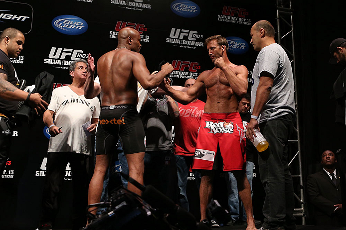 RIO DE JANEIRO, BRAZIL - OCTOBER 12:  (L-R) Opponents Anderson Silva and Stephan Bonnar face off during the UFC 153 weigh in at HSBC Arena on October 12, 2012 in Rio de Janeiro, Brazil.  (Photo by Josh Hedges/Zuffa LLC/Zuffa LLC via Getty Images)