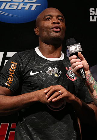 RIO DE JANEIRO, BRAZIL - OCTOBER 12:  Anderson Silva is interviewed during the UFC 153 weigh in at HSBC Arena on October 12, 2012 in Rio de Janeiro, Brazil.  (Photo by Josh Hedges/Zuffa LLC/Zuffa LLC via Getty Images)
