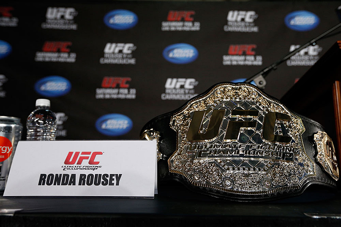 ANAHEIM, CA - FEBRUARY 21:  Ronda Rousey's UFC bantamweight championship belt is seen on a table before a UFC pre-fight press conference at Honda Center on February 21, 2013 in Anaheim, California.  (Photo by Josh Hedges/Zuffa LLC/Zuffa LLC via Getty Images)