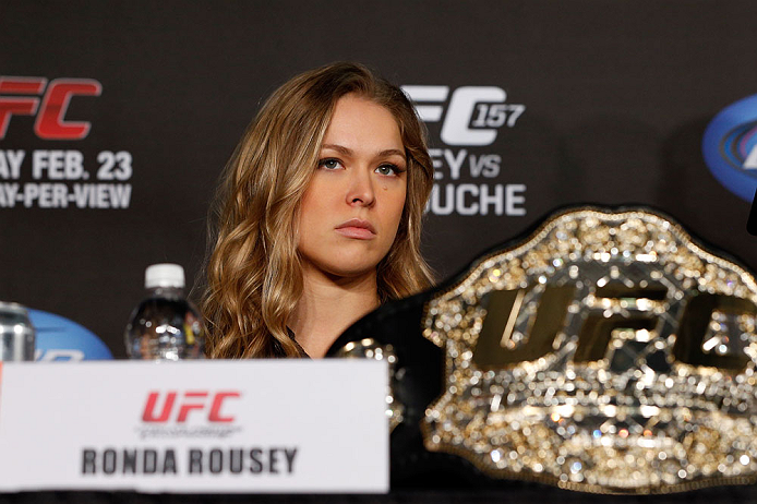 ANAHEIM, CA - FEBRUARY 21: Ronda Rousey interacts with media during a UFC pre-fight press conference at Honda Center on February 21, 2013 in Anaheim, California. (Photo by Josh Hedges/Zuffa LLC/Zuffa LLC via Getty Images)