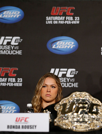 ANAHEIM, CA - FEBRUARY 21: Ronda Rousey interacts with media during a UFC pre-fight press conference at Honda Center on February 21, 2013 in Anaheim, California. (Photo by Josh Hedges/Zuffa LLC/Zuffa LLC via Getty Images)
