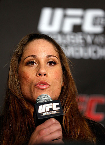 ANAHEIM, CA - FEBRUARY 21: Liz Carmouche interacts with media during a UFC pre-fight press conference at Honda Center on February 21, 2013 in Anaheim, California. (Photo by Josh Hedges/Zuffa LLC/Zuffa LLC via Getty Images)