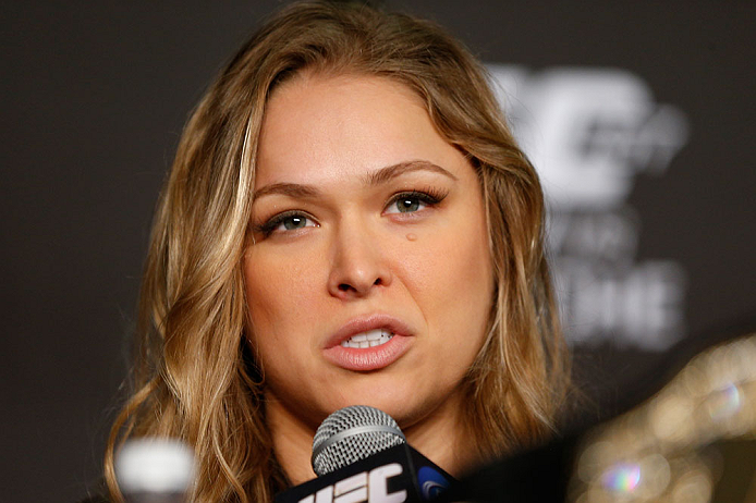 ANAHEIM, CA - FEBRUARY 21: Ronda Rousey interacts with media during a UFC pre-fight press conference at Honda Center on February 21, 2013 in Anaheim, California. (Photo by Josh Hedges/Zuffa LLC/Zuffa LLC via Getty Images)