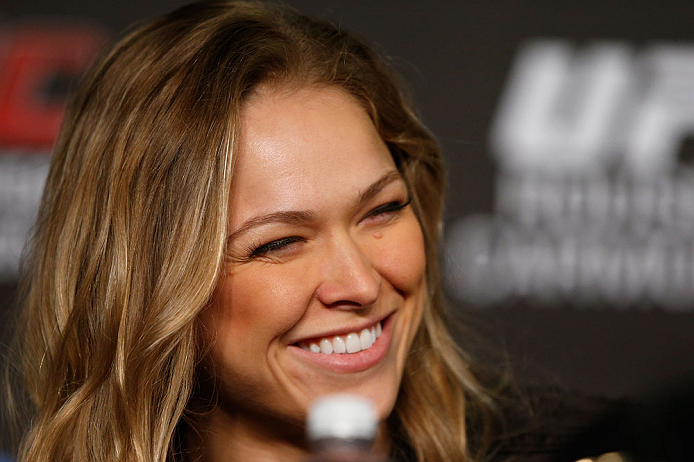 ANAHEIM, CA - FEBRUARY 21: Ronda Rousey interacts with media during a UFC pre-fight press conference at Honda Center on February 21, 2013 in Anaheim, California. (Photo by Josh Hedges/Zuffa LLC/Zuffa LLC via Getty Images)