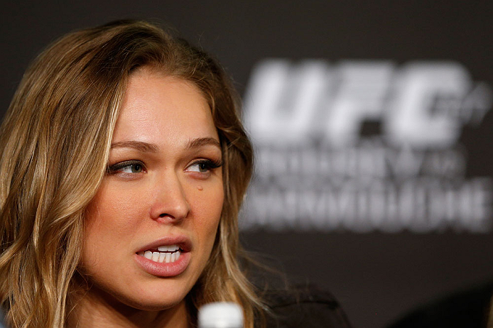 ANAHEIM, CA - FEBRUARY 21: Ronda Rousey interacts with media during a UFC pre-fight press conference at Honda Center on February 21, 2013 in Anaheim, California. (Photo by Josh Hedges/Zuffa LLC/Zuffa LLC via Getty Images)