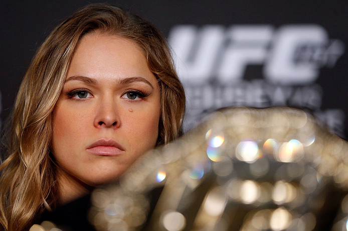 ANAHEIM, CA - FEBRUARY 21: Ronda Rousey interacts with media during a UFC pre-fight press conference at Honda Center on February 21, 2013 in Anaheim, California. (Photo by Josh Hedges/Zuffa LLC/Zuffa LLC via Getty Images)