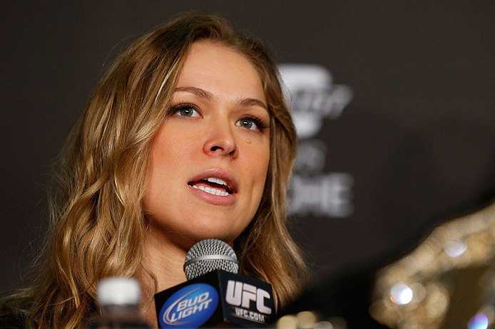 ANAHEIM, CA - FEBRUARY 21: Ronda Rousey interacts with media during a UFC pre-fight press conference at Honda Center on February 21, 2013 in Anaheim, California. (Photo by Josh Hedges/Zuffa LLC/Zuffa LLC via Getty Images)
