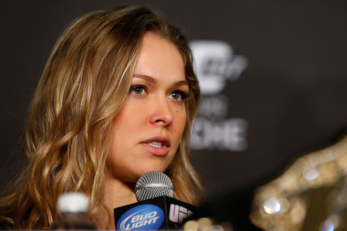ANAHEIM, CA - FEBRUARY 21: Ronda Rousey interacts with media during a UFC pre-fight press conference at Honda Center on February 21, 2013 in Anaheim, California. (Photo by Josh Hedges/Zuffa LLC/Zuffa LLC via Getty Images)