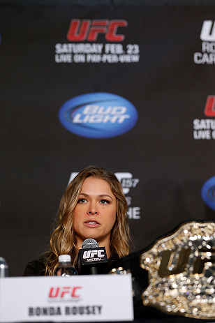 ANAHEIM, CA - FEBRUARY 21: Ronda Rousey interacts with media during a UFC pre-fight press conference at Honda Center on February 21, 2013 in Anaheim, California. (Photo by Josh Hedges/Zuffa LLC/Zuffa LLC via Getty Images)
