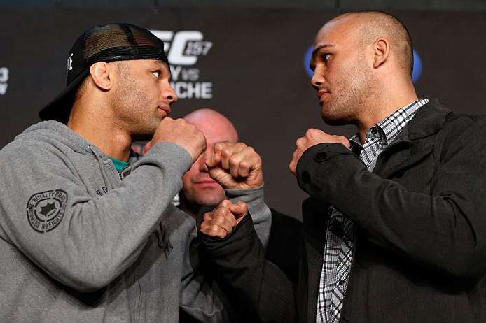ANAHEIM, CA - FEBRUARY 21: (L-R) Opponents Josh Koscheck and Robbie Lawler face off during a UFC pre-fight press conference at Honda Center on February 21, 2013 in Anaheim, California. (Photo by Josh Hedges/Zuffa LLC/Zuffa LLC via Getty Images)
