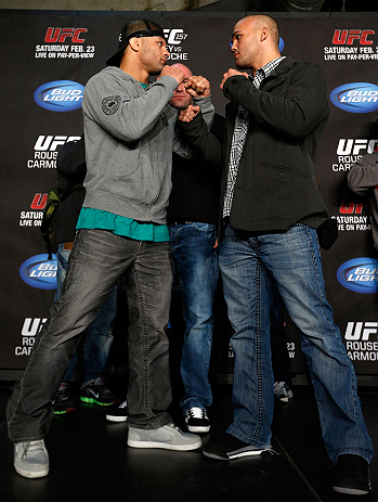 ANAHEIM, CA - FEBRUARY 21: (L-R) Opponents Josh Koscheck and Robbie Lawler face off during a UFC pre-fight press conference at Honda Center on February 21, 2013 in Anaheim, California. (Photo by Josh Hedges/Zuffa LLC/Zuffa LLC via Getty Images)