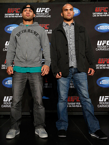 ANAHEIM, CA - FEBRUARY 21: (L-R) Opponents Josh Koscheck and Robbie Lawler pose for photos during a UFC pre-fight press conference at Honda Center on February 21, 2013 in Anaheim, California. (Photo by Josh Hedges/Zuffa LLC/Zuffa LLC via Getty Images)