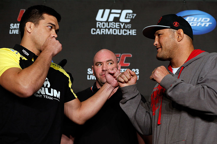 ANAHEIM, CA - FEBRUARY 21: (L-R) Opponents Lyoto Machida and Dan Henderson face off during a UFC pre-fight press conference at Honda Center on February 21, 2013 in Anaheim, California. (Photo by Josh Hedges/Zuffa LLC/Zuffa LLC via Getty Images)