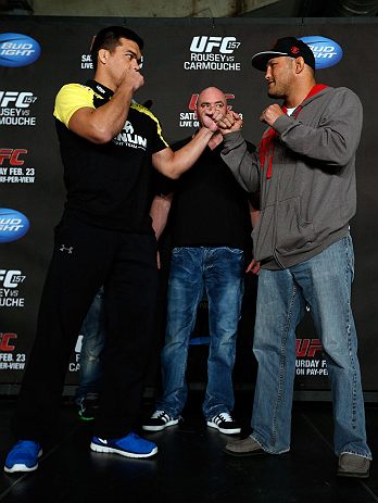 ANAHEIM, CA - FEBRUARY 21: (L-R) Opponents Lyoto Machida and Dan Henderson face off during a UFC pre-fight press conference at Honda Center on February 21, 2013 in Anaheim, California. (Photo by Josh Hedges/Zuffa LLC/Zuffa LLC via Getty Images)