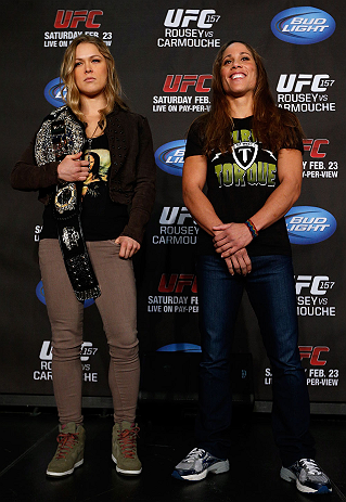ANAHEIM, CA - FEBRUARY 21: (L-R) Opponents Ronda Rousey and Liz Carmouche pose for photos during a UFC pre-fight press conference at Honda Center on February 21, 2013 in Anaheim, California. (Photo by Josh Hedges/Zuffa LLC/Zuffa LLC via Getty Images)