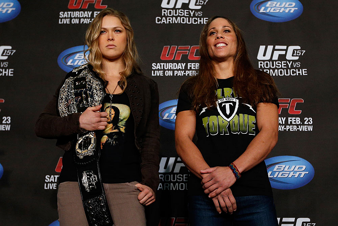 ANAHEIM, CA - FEBRUARY 21: (L-R) Opponents Ronda Rousey and Liz Carmouche pose for photos during a UFC pre-fight press conference at Honda Center on February 21, 2013 in Anaheim, California. (Photo by Josh Hedges/Zuffa LLC/Zuffa LLC via Getty Images)