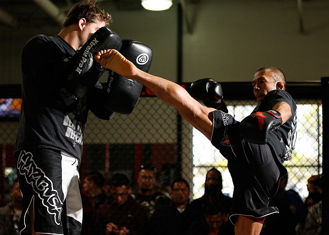 TORRANCE, CA - FEBRUARY 20:  Ivan Menjivar conducts an open training session for fans and media at the UFC Gym on February 20, 2013 in Torrance, California.  (Photo by Josh Hedges/Zuffa LLC/Zuffa LLC via Getty Images)