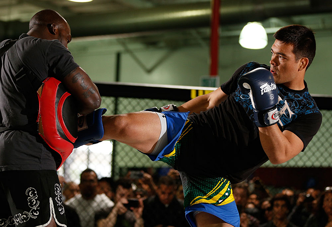 TORRANCE, CA - FEBRUARY 20:  Lyoto Machida conducts an open training session for fans and media at the UFC Gym on February 20, 2013 in Torrance, California.  (Photo by Josh Hedges/Zuffa LLC/Zuffa LLC via Getty Images)