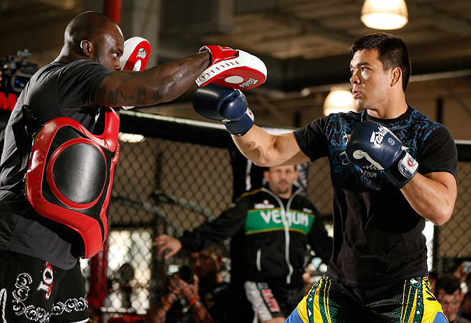 TORRANCE, CA - FEBRUARY 20:  Lyoto Machida conducts an open training session for fans and media at the UFC Gym on February 20, 2013 in Torrance, California.  (Photo by Josh Hedges/Zuffa LLC/Zuffa LLC via Getty Images)