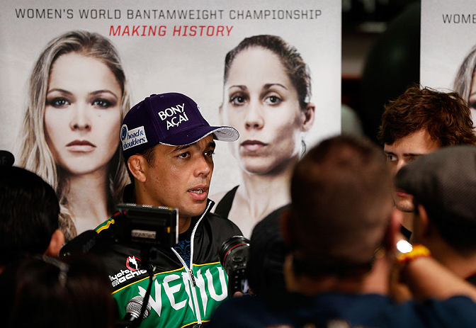 TORRANCE, CA - FEBRUARY 20:  Lyoto Machida interacts with media after an open training session at the UFC Gym on February 20, 2013 in Torrance, California.  (Photo by Josh Hedges/Zuffa LLC/Zuffa LLC via Getty Images)