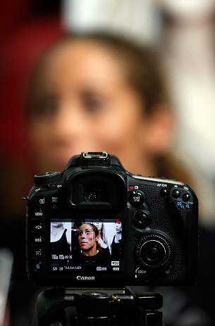 TORRANCE, CA - FEBRUARY 20:  Liz Carmouche interacts with media after an open training session at the UFC Gym on February 20, 2013 in Torrance, California.  (Photo by Josh Hedges/Zuffa LLC/Zuffa LLC via Getty Images)