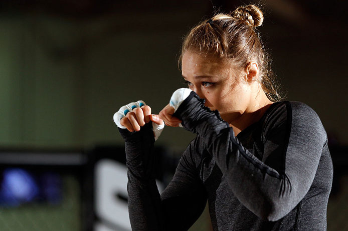 TORRANCE, CA - FEBRUARY 20:  Ronda Rousey conducts an open training session for fans and media at the UFC Gym on February 20, 2013 in Torrance, California.  (Photo by Josh Hedges/Zuffa LLC/Zuffa LLC via Getty Images)