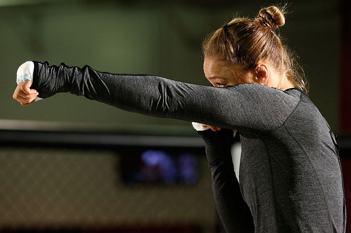 TORRANCE, CA - FEBRUARY 20:  Ronda Rousey conducts an open training session for fans and media at the UFC Gym on February 20, 2013 in Torrance, California.  (Photo by Josh Hedges/Zuffa LLC/Zuffa LLC via Getty Images)
