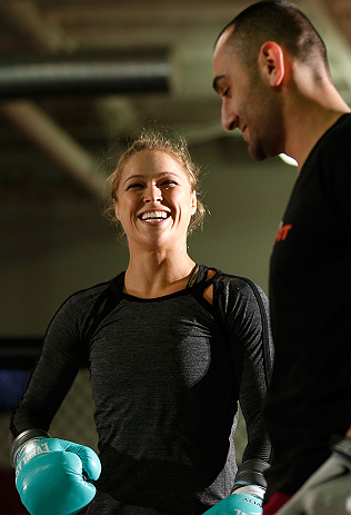 TORRANCE, CA - FEBRUARY 20:  Ronda Rousey conducts an open training session for fans and media at the UFC Gym on February 20, 2013 in Torrance, California.  (Photo by Josh Hedges/Zuffa LLC/Zuffa LLC via Getty Images)