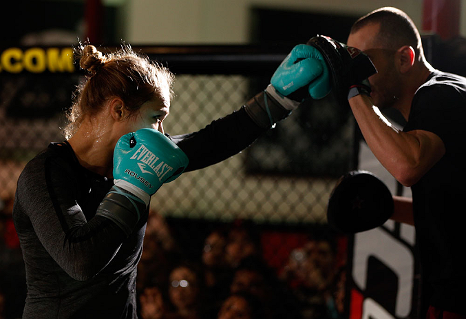 TORRANCE, CA - FEBRUARY 20:  Ronda Rousey conducts an open training session for fans and media at the UFC Gym on February 20, 2013 in Torrance, California.  (Photo by Josh Hedges/Zuffa LLC/Zuffa LLC via Getty Images)
