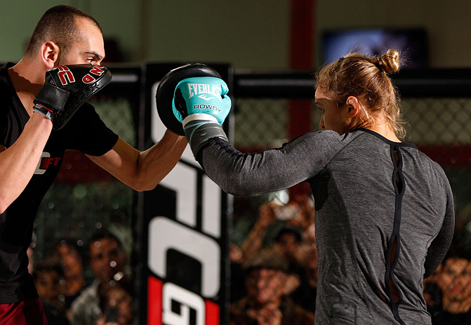 TORRANCE, CA - FEBRUARY 20:  Ronda Rousey conducts an open training session for fans and media at the UFC Gym on February 20, 2013 in Torrance, California.  (Photo by Josh Hedges/Zuffa LLC/Zuffa LLC via Getty Images)