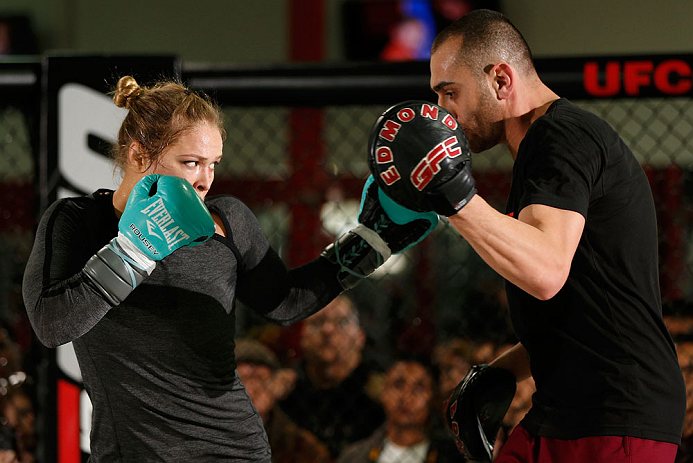 TORRANCE, CA - FEBRUARY 20:  Ronda Rousey conducts an open training session for fans and media at the UFC Gym on February 20, 2013 in Torrance, California.  (Photo by Josh Hedges/Zuffa LLC/Zuffa LLC via Getty Images)