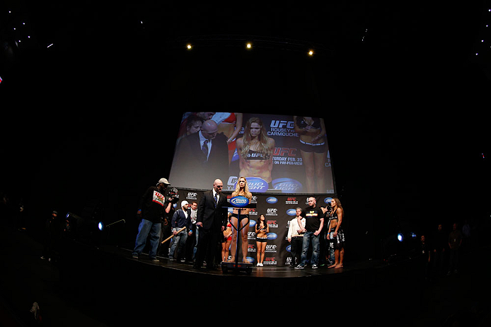 ANAHEIM, CA - FEBRUARY 22:  Ronda Rousey weighs in during the UFC 157 weigh-in at Honda Center on February 22, 2013 in Anaheim, California.  (Photo by Josh Hedges/Zuffa LLC/Zuffa LLC via Getty Images)