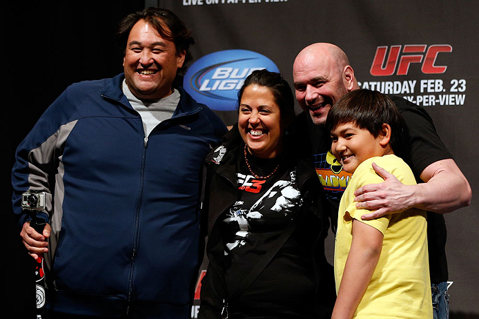 ANAHEIM, CA - FEBRUARY 22:  UFC President Dana White poses for photos with fans during a Q&A session before the UFC 157 weigh-in at Honda Center on February 22, 2013 in Anaheim, California.  (Photo by Josh Hedges/Zuffa LLC/Zuffa LLC via Getty Images)