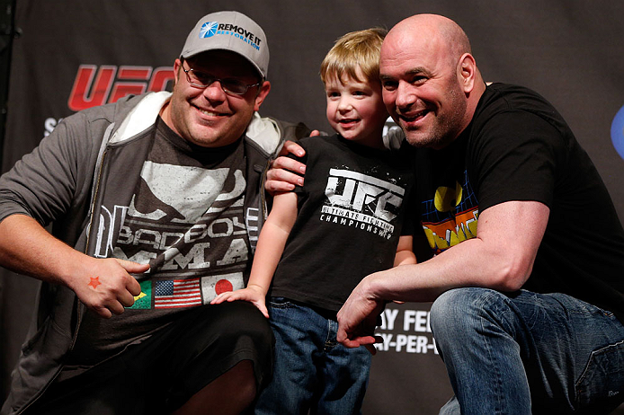 ANAHEIM, CA - FEBRUARY 22:  UFC President Dana White poses for photos with fans during a Q&A session before the UFC 157 weigh-in at Honda Center on February 22, 2013 in Anaheim, California.  (Photo by Josh Hedges/Zuffa LLC/Zuffa LLC via Getty Images)