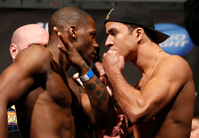 ANAHEIM, CA - FEBRUARY 22:  (L-R) Opponents Nah-Shon Burrell and Yuri Villefort face off during the UFC 157 weigh-in at Honda Center on February 22, 2013 in Anaheim, California.  (Photo by Josh Hedges/Zuffa LLC/Zuffa LLC via Getty Images)