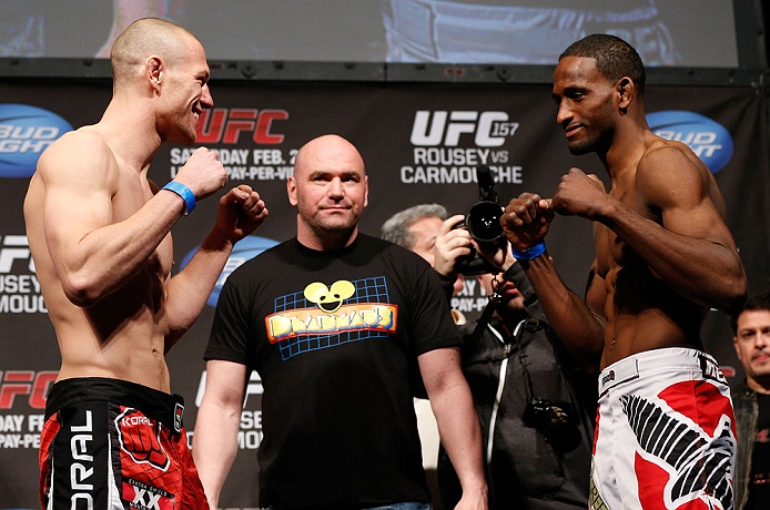 ANAHEIM, CA - FEBRUARY 22:  (L-R) Opponents Jon Manley and Neil Magny face off during the UFC 157 weigh-in at Honda Center on February 22, 2013 in Anaheim, California.  (Photo by Josh Hedges/Zuffa LLC/Zuffa LLC via Getty Images)