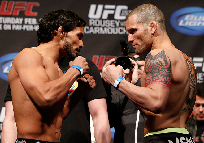 ANAHEIM, CA - FEBRUARY 22:  (L-R) Opponents Dennis Bermudez and Matt Grice face off during the UFC 157 weigh-in at Honda Center on February 22, 2013 in Anaheim, California.  (Photo by Josh Hedges/Zuffa LLC/Zuffa LLC via Getty Images)