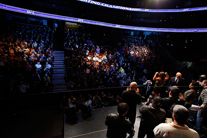 ANAHEIM, CA - FEBRUARY 22:  Liz Carmouche weighs in during the UFC 157 weigh-in at Honda Center on February 22, 2013 in Anaheim, California.  (Photo by Josh Hedges/Zuffa LLC/Zuffa LLC via Getty Images)
